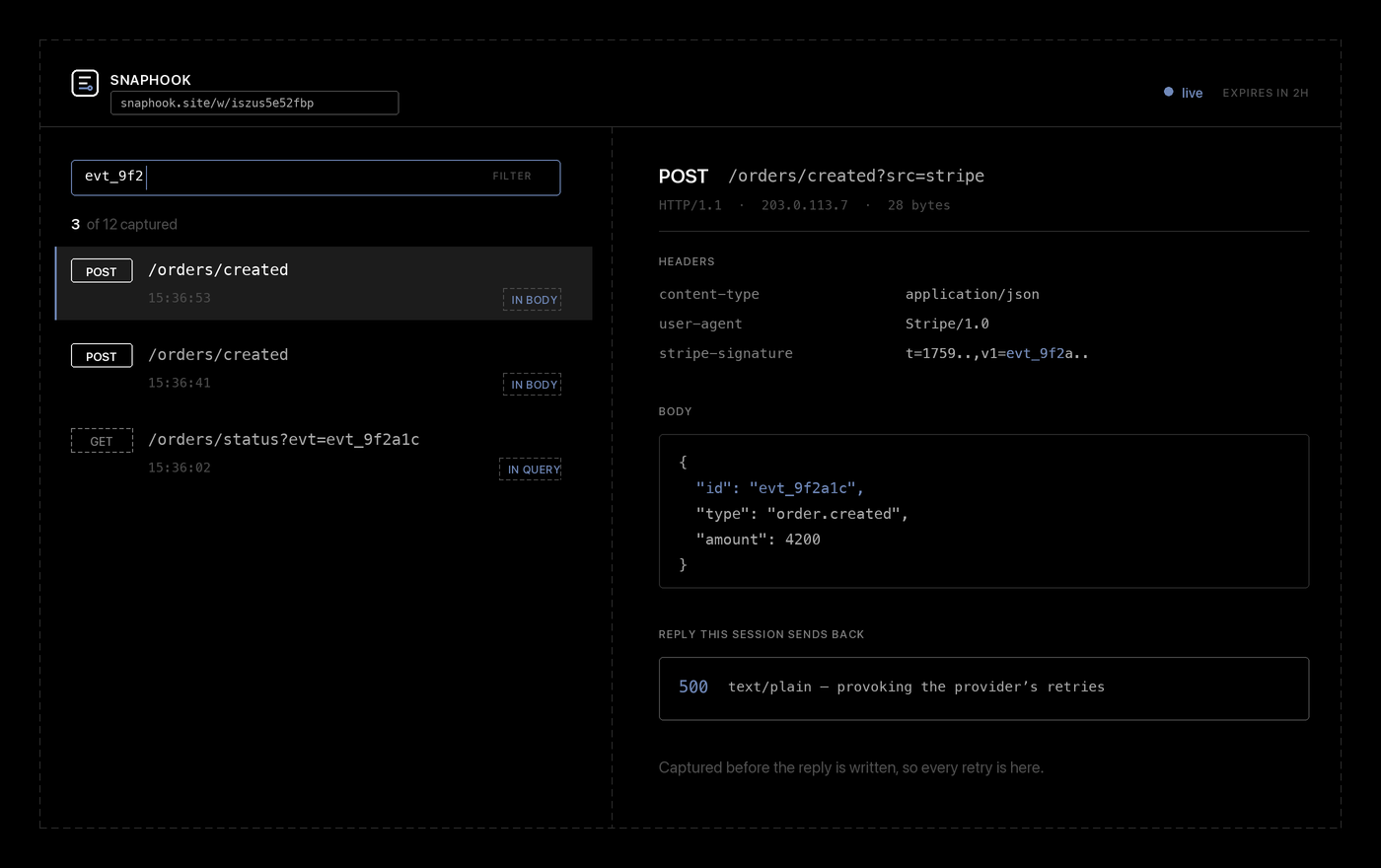 Filtering webhook payloads in the SnapHook live dashboard